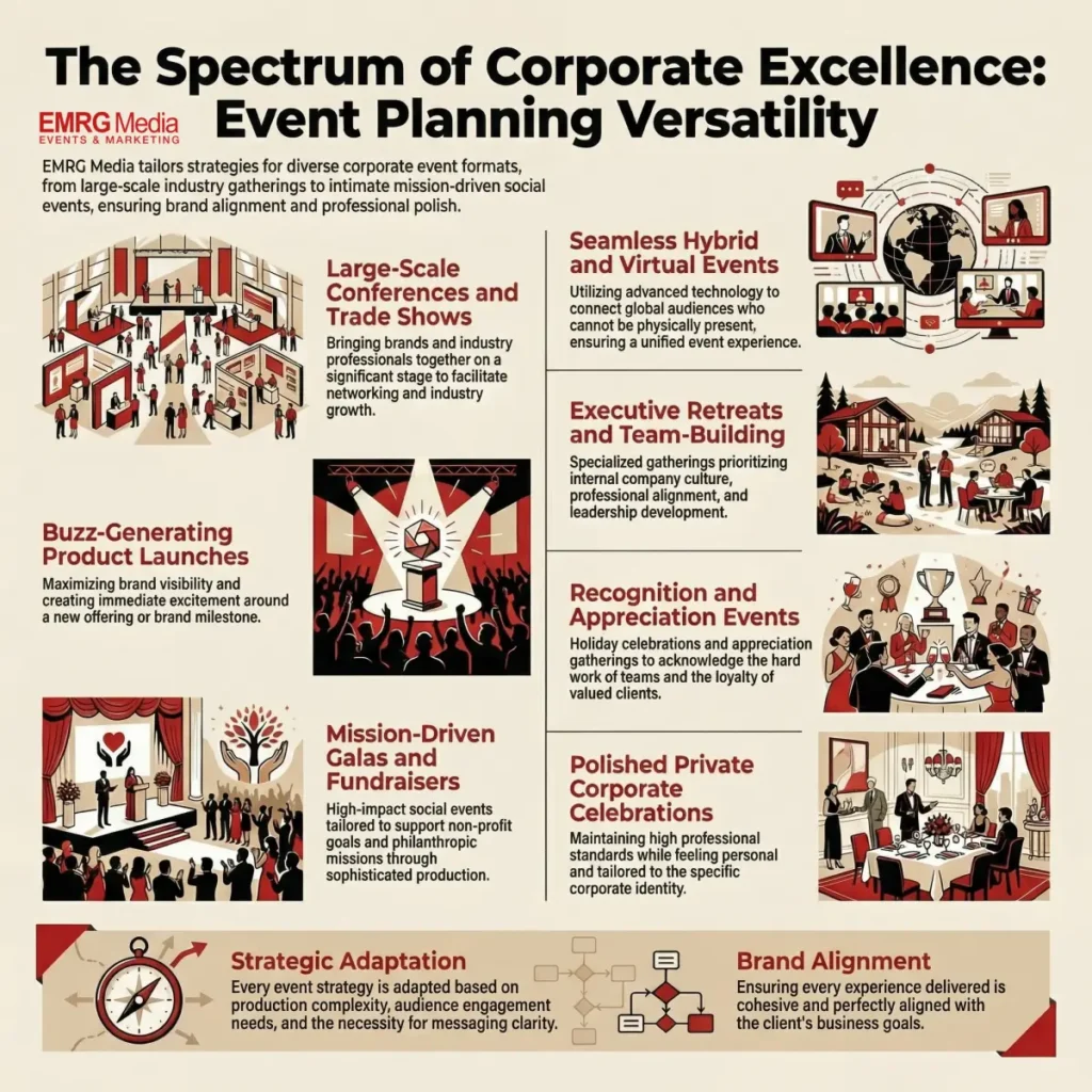 The types of corporate events that corporate event planner handle.