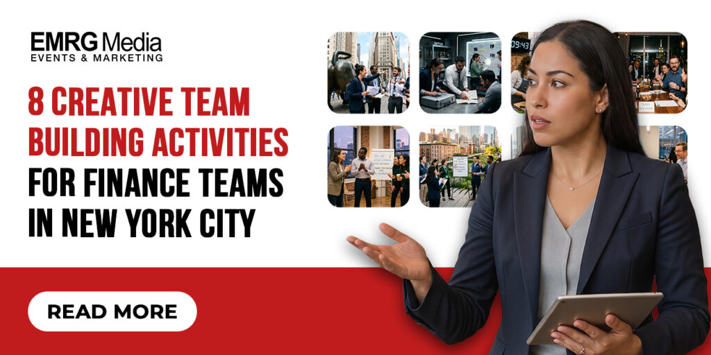 EMRG Media blog thumbnail for team building activities finance teams nyc, with a woman holding a tablet