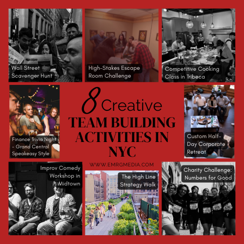 A collage showing 8 diverse team building activities finance teams nyc, including cooking, escape rooms, and tours