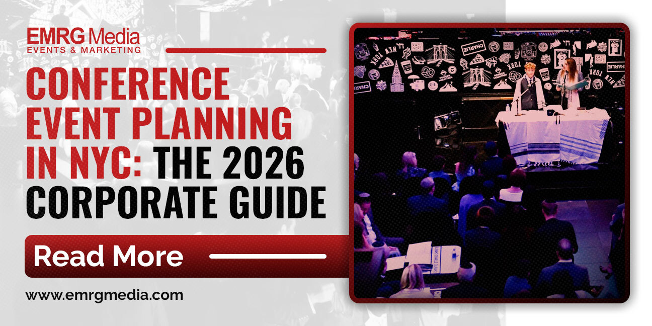 Conference event planning in NYC: The 2026 Corporate Guide by EMRG Media, showing speakers at a podium and an audience.