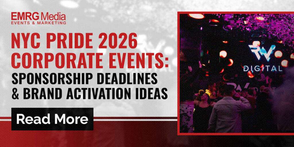 EMRG Media's NYC Pride 2026 Corporate Events blog header, featuring a vibrant digital club activation scene.