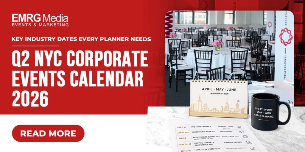 Q2 NYC corporate events calendar 2026 planner with desk calendar, event list, and Midtown venue setting.