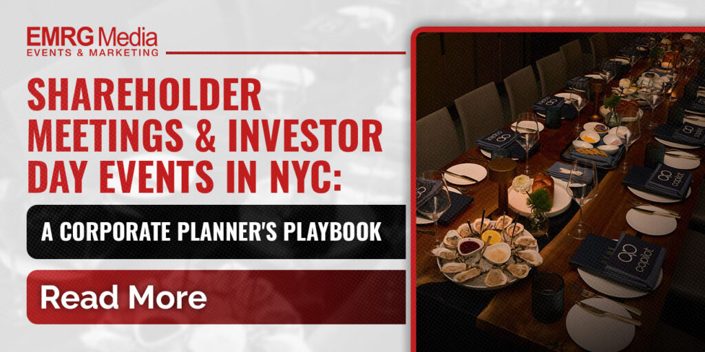 EMRG Media guide cover for shareholder meeting planning NYC featuring a corporate dinner setting