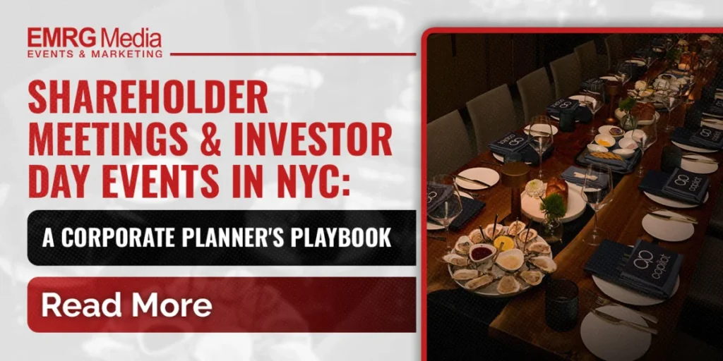 EMRG Media guide cover for shareholder meeting planning NYC featuring a corporate dinner setting
