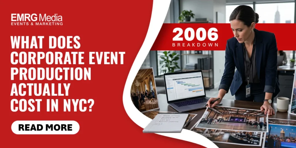 Banner asking what corporate event production cost nyc actually is, with a planner reviewing venue options and calendars