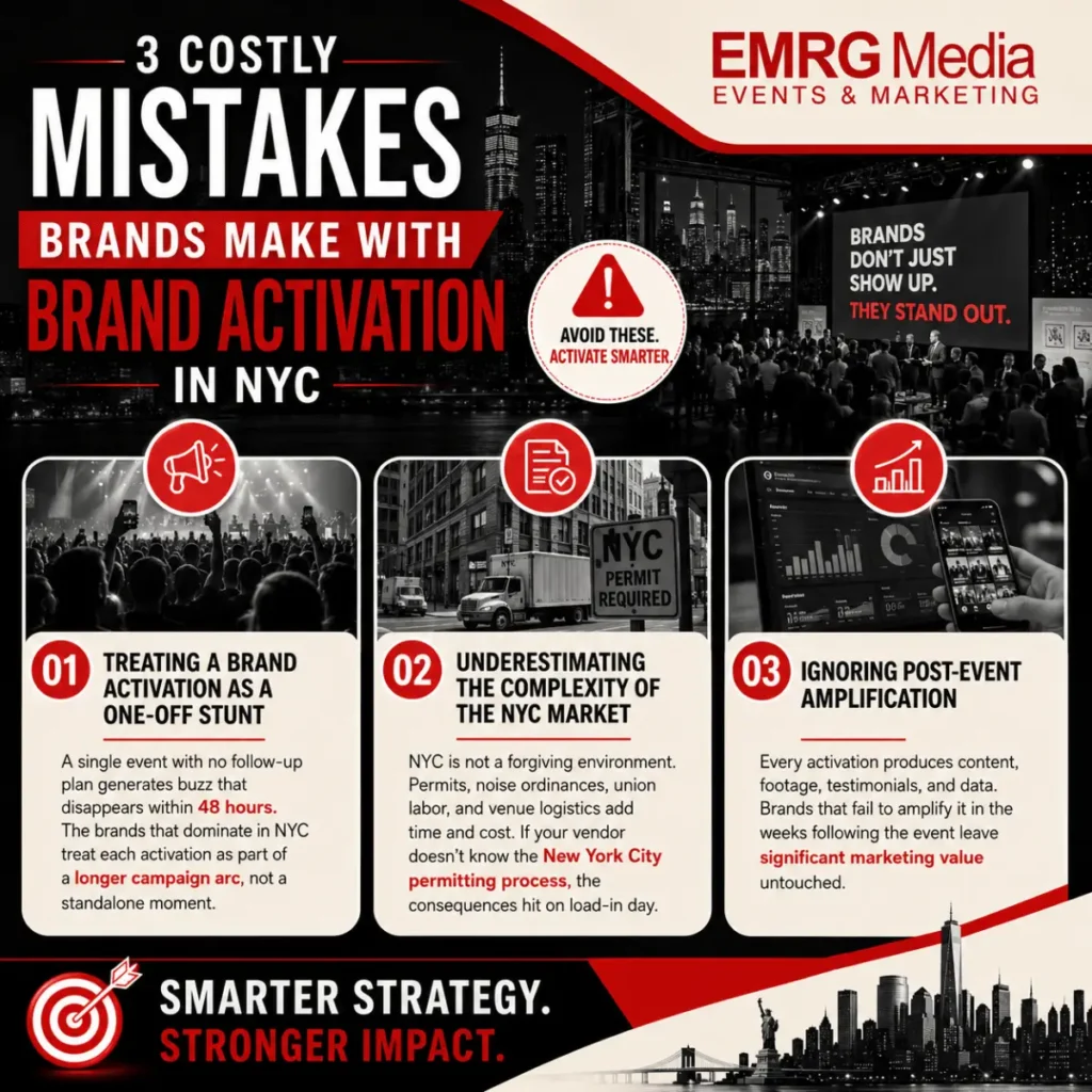 An infographic by EMRG Media titled "3 Costly Mistakes Brands Make with Brand Activation in NYC" listed in three columns.