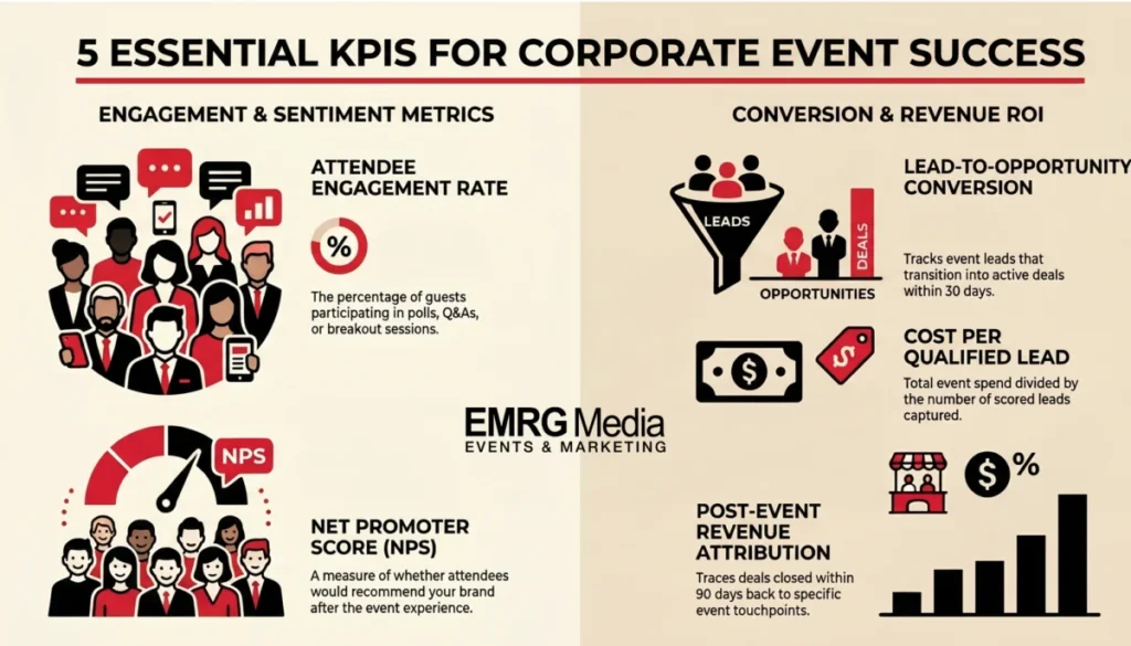 An infographic listing 5 KPIs for calculating Corporate Event ROI and success.