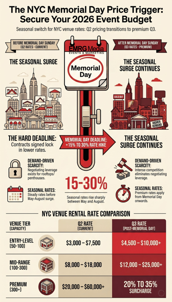 Comparison chart of Q2 vs Q3 venue rental rates affecting overall nyc corporate event planning costs 2026 in Manhattan