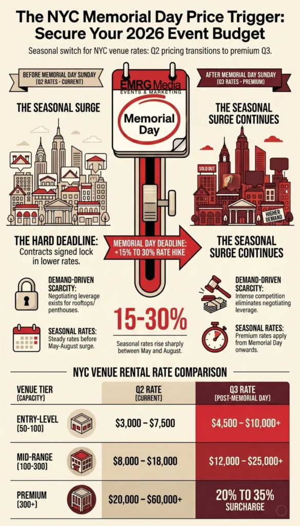 Comparison chart of Q2 vs Q3 venue rental rates affecting overall nyc corporate event planning costs 2026 in Manhattan