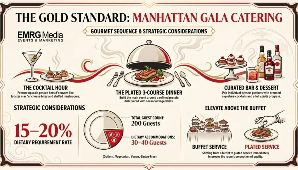 Catering menu options for a corporate awards dinner NYC, featuring plated 3-course meals and dietary accommodations.