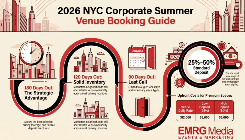 Booking timeline infographic for NYC summer corporate venues showing standard deposits and lead times.