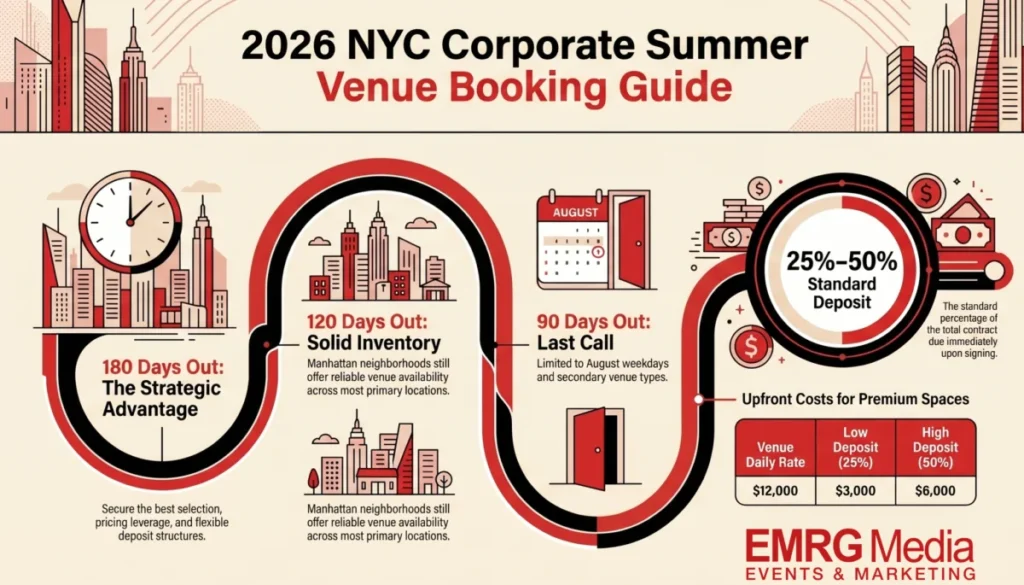 Booking timeline infographic for NYC summer corporate venues showing standard deposits and lead times.