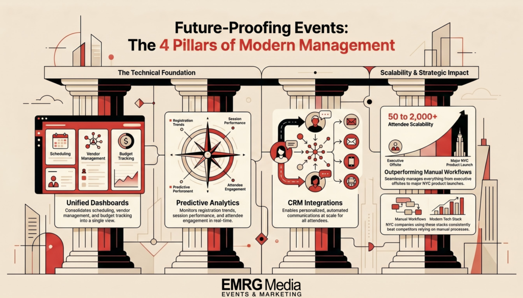 Infographic of the four pillars of the best AI tools for corporate event planning and modern management.