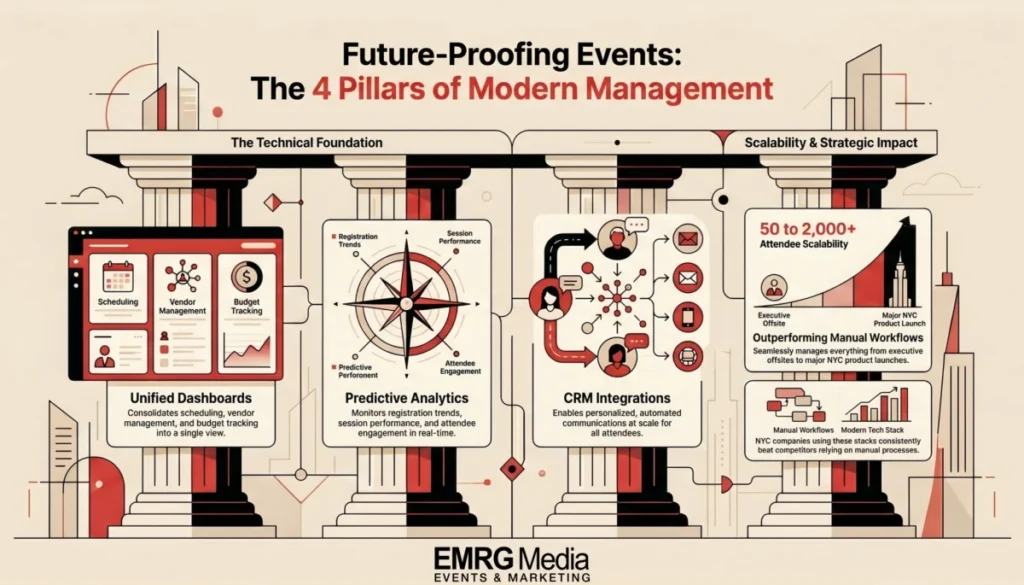 Infographic of the four pillars of the best AI tools for corporate event planning and modern management.