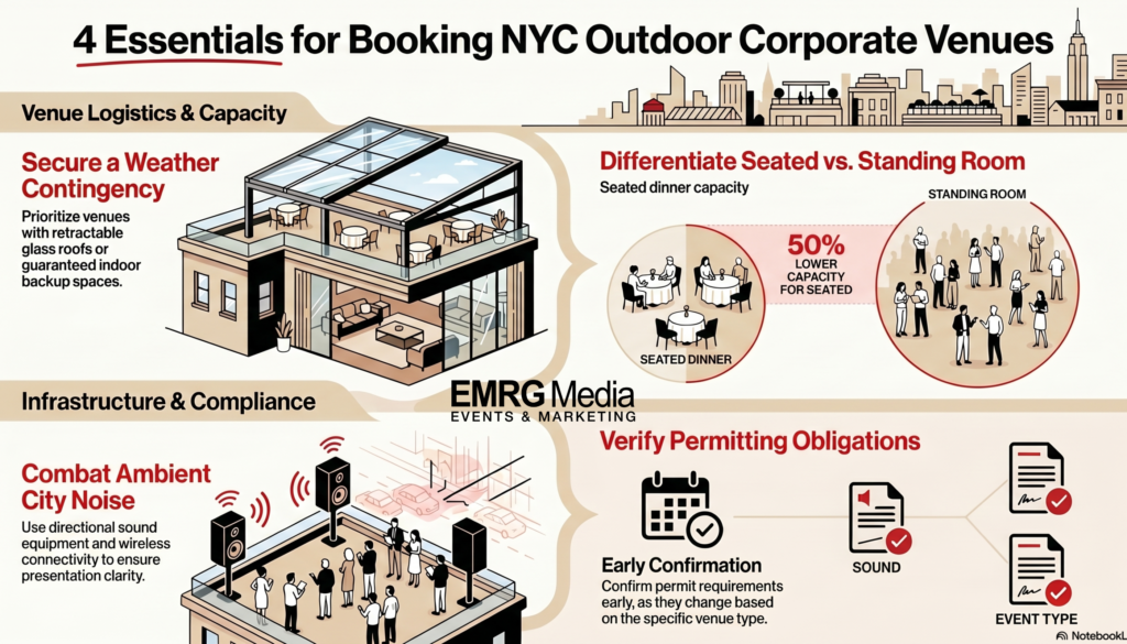 Infographic detailing four logistics essentials for booking rooftop corporate event venues NYC.