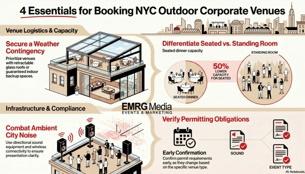 Infographic detailing four logistics essentials for booking rooftop corporate event venues NYC.