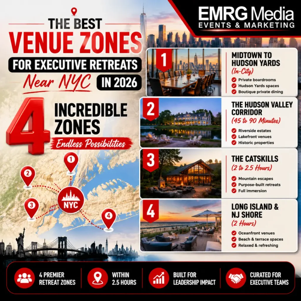 An infographic by EMRG Media titled "How to Plan a Corporate Event in the Financial District" with four planning steps.