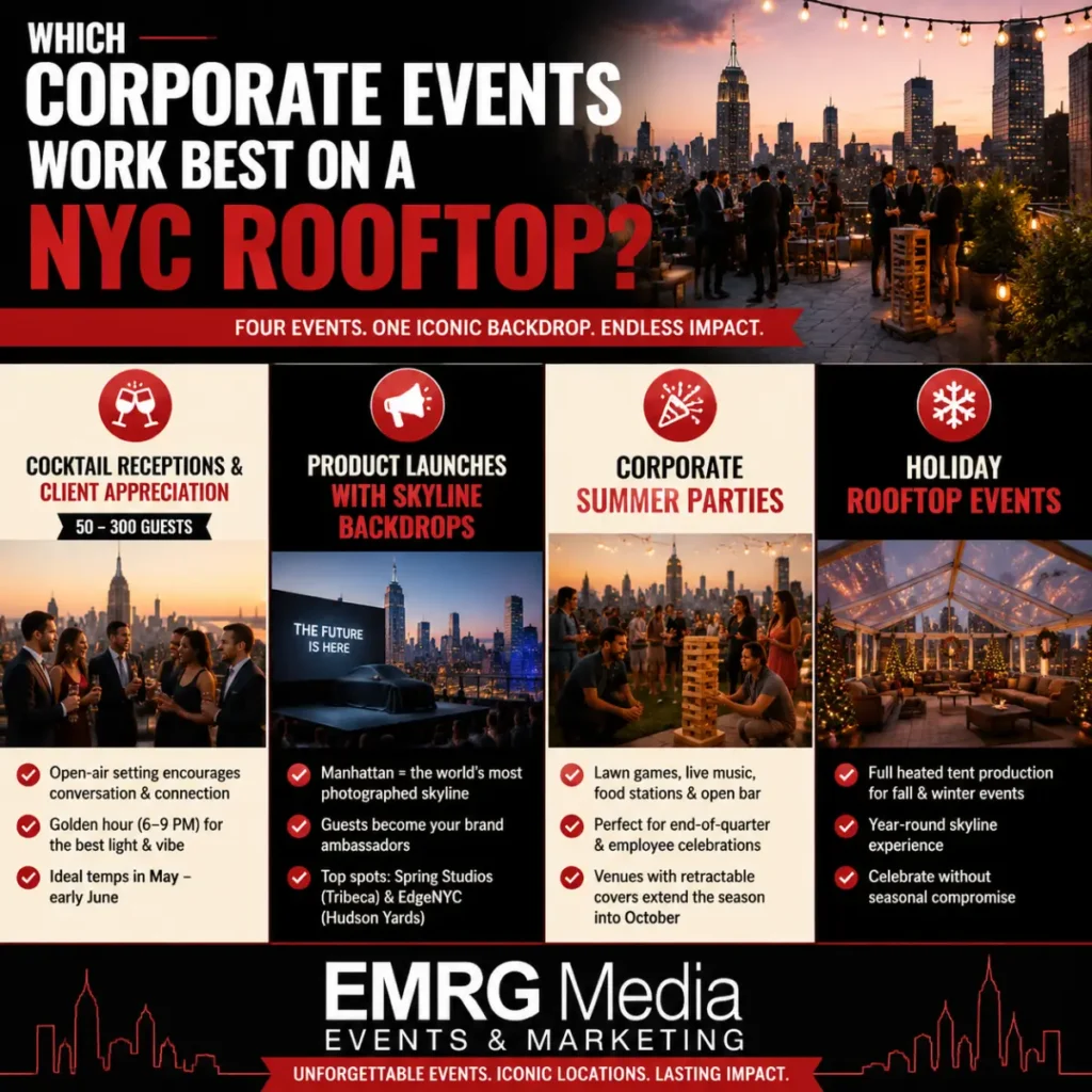 Infographic by EMRG Media on the 4 best corporate events for a NYC rooftop: cocktail, product, summer & holiday parties.