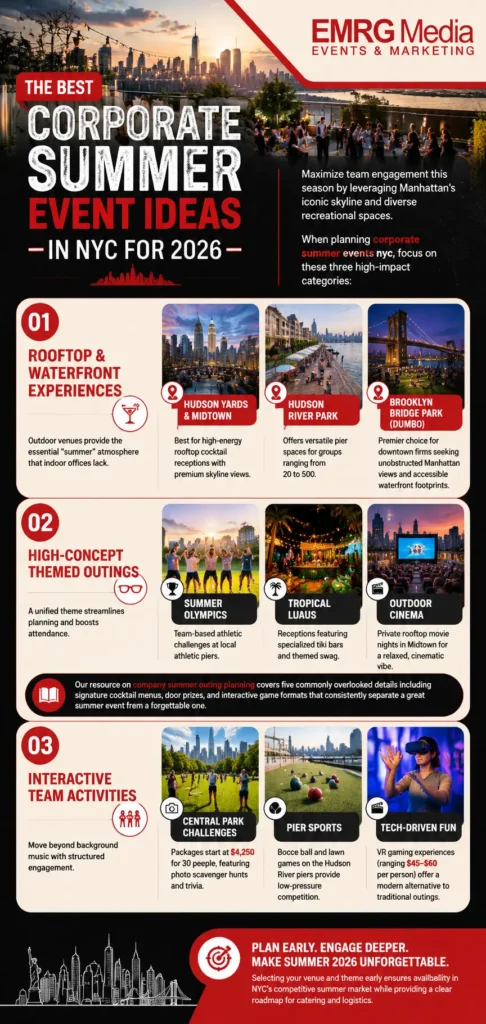 An infographic by EMRG Media titled "The Best Corporate Summer Event Ideas in NYC for 2026" featuring venues and activities.