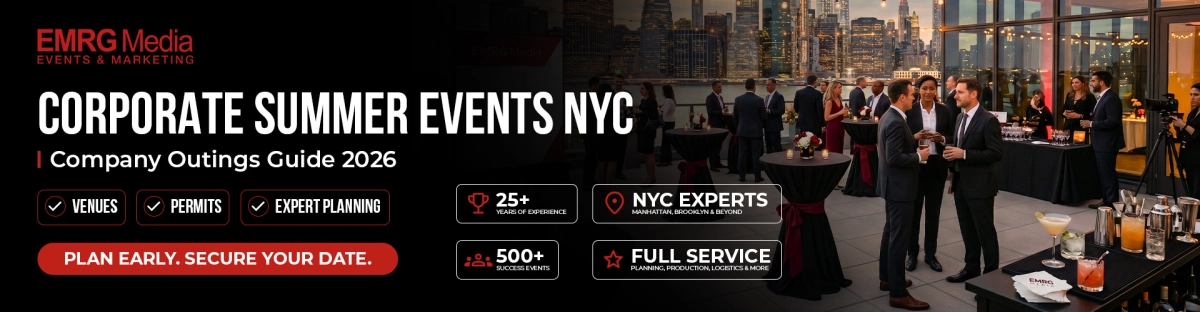 Corporate summer events in NYC | Company Outings Guide 2026. EMRG Media offers Venues, Permits, Expert Planning, and Full Service. Plan Early.