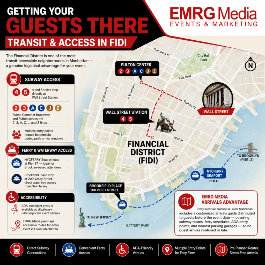 Map-style infographic showing FiDi transit, ferry, and ADA access with EMRG Media logo in red-white-black design.