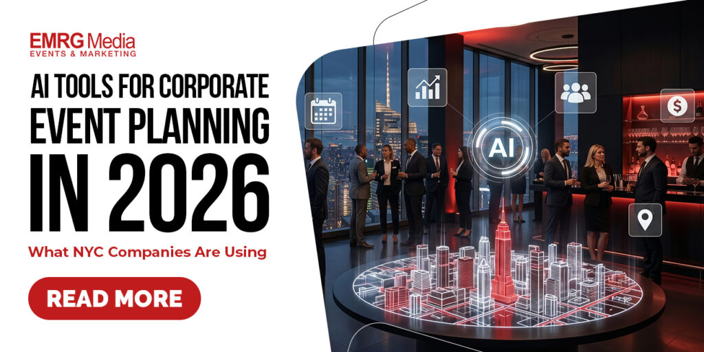 EMRG Media showcases AI tools for corporate event planning in NYC with futuristic 3D venue mapping technology.