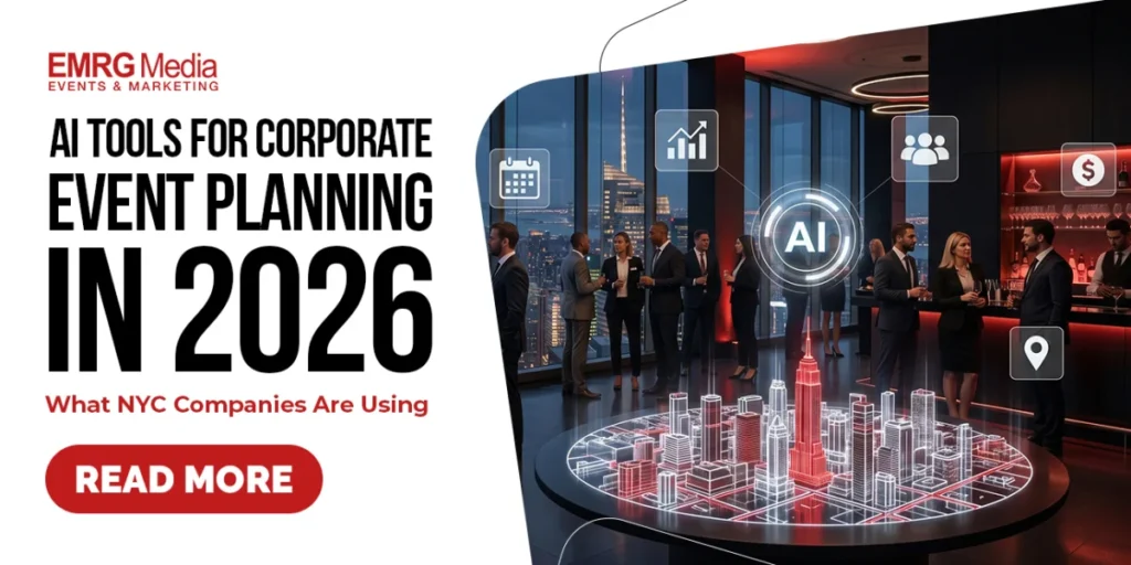EMRG Media showcases AI tools for corporate event planning in NYC with futuristic 3D venue mapping technology.