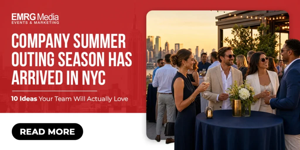 EMRG Media clients enjoy a rooftop event, visualizing key company summer outing ideas nyc