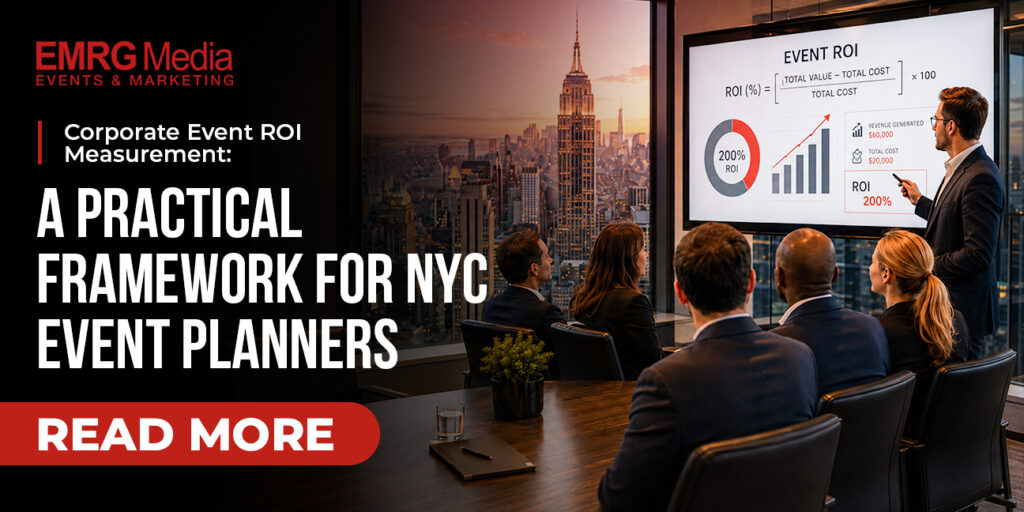 NYC skyline boardroom meeting discussing Corporate Event ROI with a presenter.