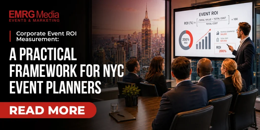 NYC skyline boardroom meeting discussing Corporate Event ROI with a presenter.