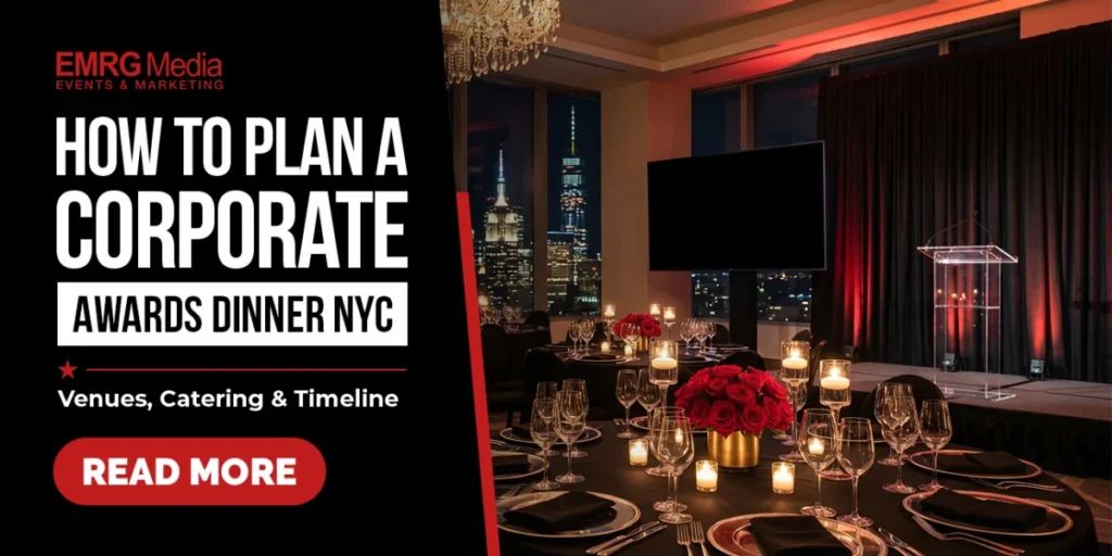 Guide to planning a corporate awards dinner NYC: venues, catering, and timelines with a Manhattan skyline view.