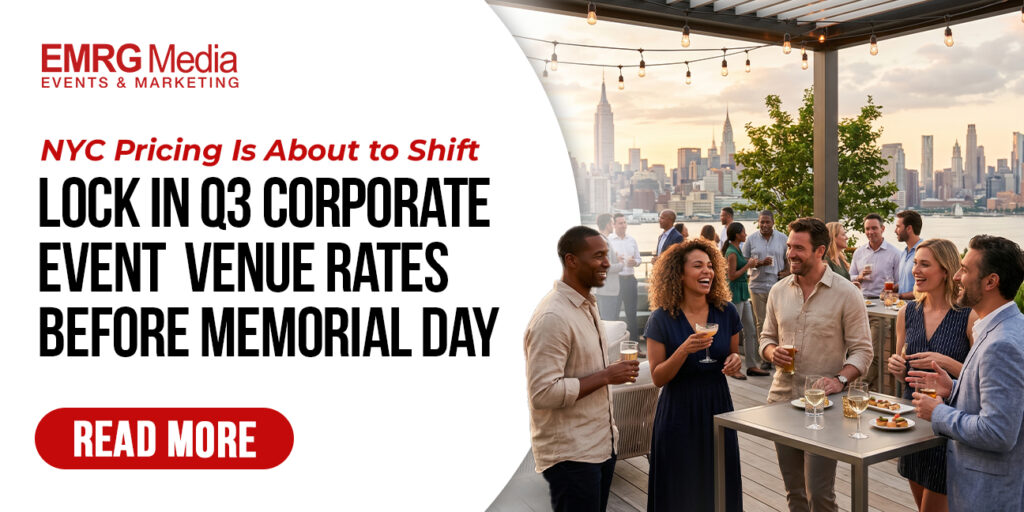 Diverse group at an NYC rooftop venue illustrating why to lock in nyc corporate event planning costs 2026 before Memorial Day