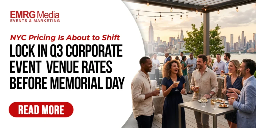 Diverse group at an NYC rooftop venue illustrating why to lock in nyc corporate event planning costs 2026 before Memorial Day