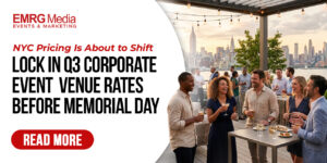 Diverse group at an NYC rooftop venue illustrating why to lock in nyc corporate event planning costs 2026 before Memorial Day