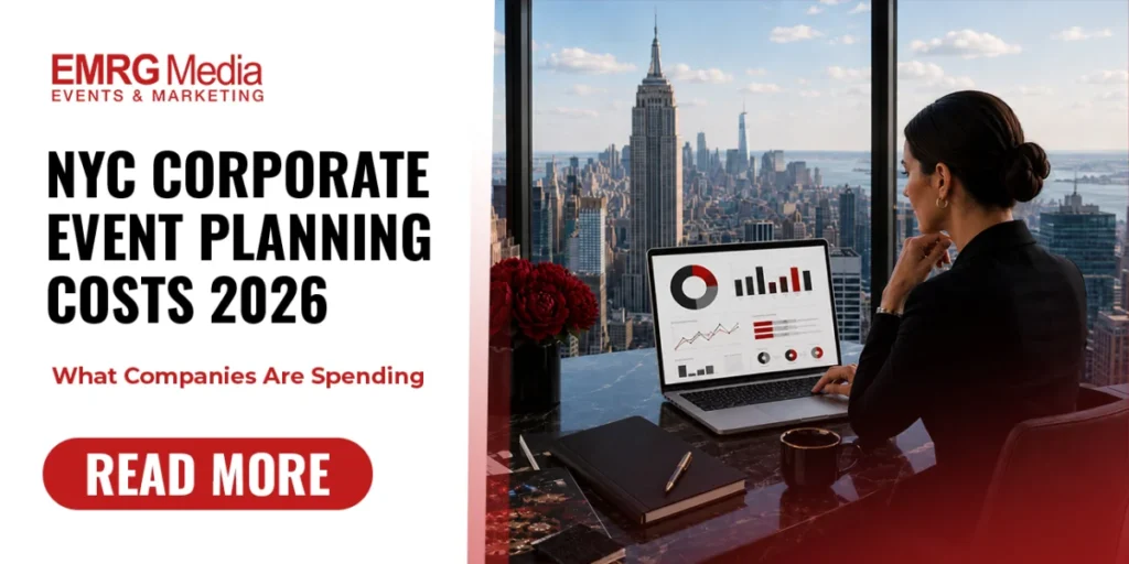 Woman analyzing NYC corporate event planning costs 2026 data on a laptop overlooking Manhattan.