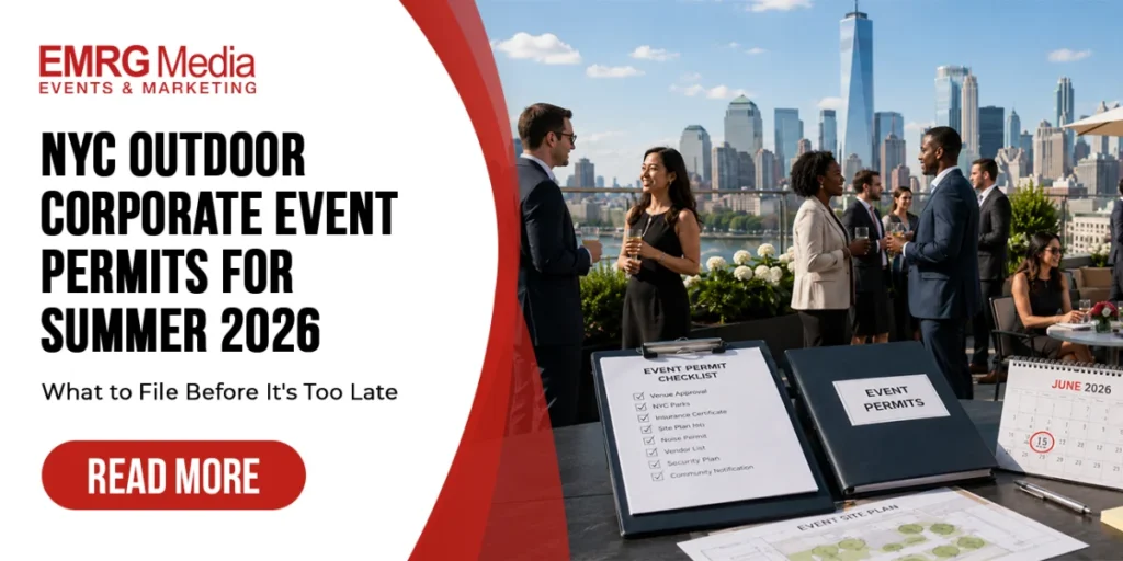 Business crowd on a NYC rooftop with a World Trade Center view. Secure permits for outdoor corporate events NYC summer now