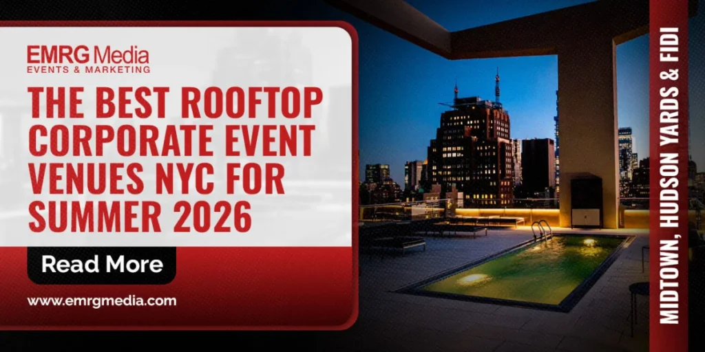 Rooftop corporate event venues NYC blog banner featuring a luxury Manhattan skyline terrace with a pool.