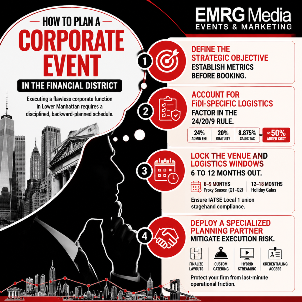 An infographic by EMRG Media titled "How to Plan a Corporate Event in the Financial District" with four planning steps.