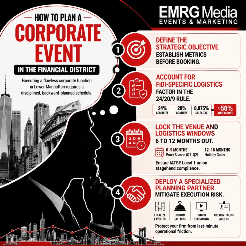 An infographic by EMRG Media titled "How to Plan a Corporate Event in the Financial District" with four planning steps.