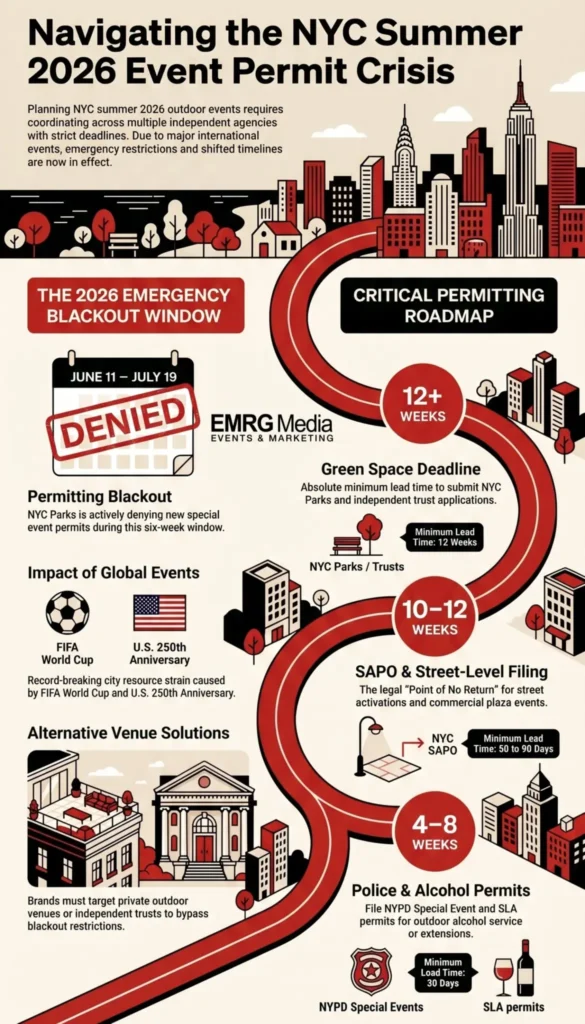 Timeline infographic explaining permit deadlines and the emergency blackout for planning outdoor corporate events NYC summer
