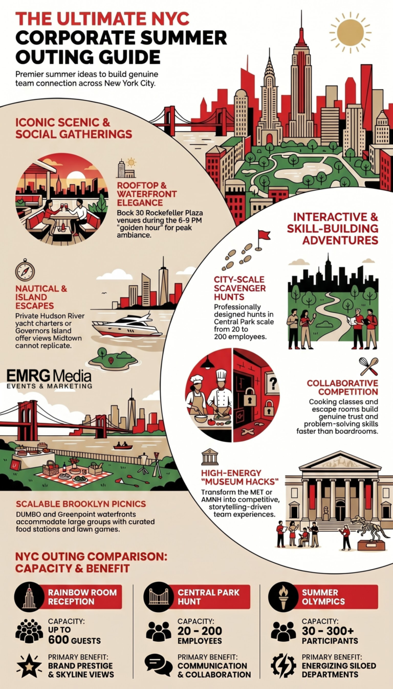 Infographic guide listing multiple unique options for company summer outing ideas nyc