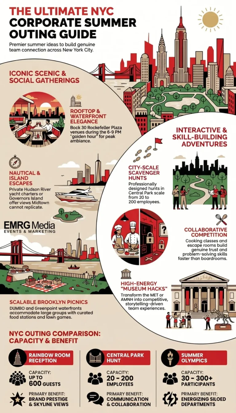 Infographic guide listing multiple unique options for company summer outing ideas nyc