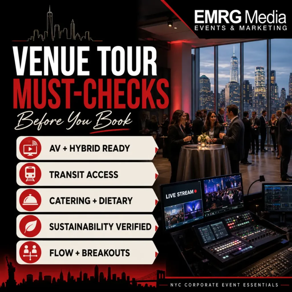 An infographic image showing the must checklist when selecting venues.