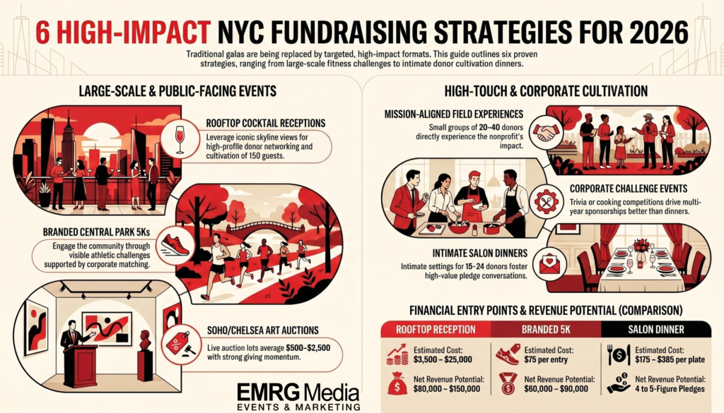 Infographic of 6 nonprofit fundraising event ideas including rooftop receptions, art auctions, and fitness 5Ks.