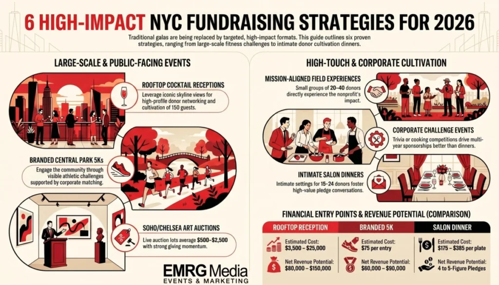 Infographic of 6 nonprofit fundraising event ideas including rooftop receptions, art auctions, and fitness 5Ks.