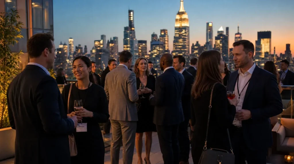 Professionals networking at a luxury rooftop Manhattan New York, NY Corporate Events gala with the city skyline in the background.