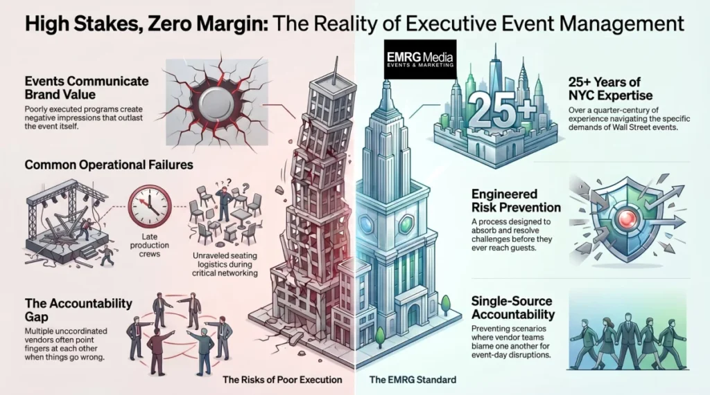 Infographic by EMRG Media contrasting the risks of poor execution with professional planning for Wall Street New York, NY corporate events, showcasing a crumbling building versus a stable skyscraper.