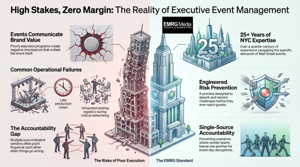 Infographic by EMRG Media contrasting the risks of poor execution with professional planning for Wall Street New York, NY corporate events, showcasing a crumbling building versus a stable skyscraper.