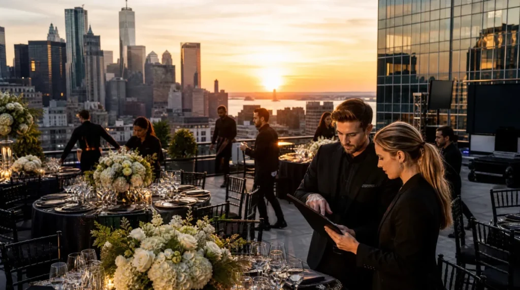 Luxury rooftop gala setup overlooking the Financial District skyline for Wall Street New York, NY Event Planning.