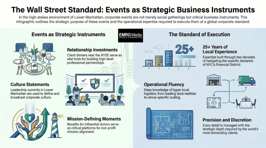 Infographic by EMRG Media outlining Wall Street New York, NY event planning standards, focusing on corporate events as strategic instruments and operational execution.